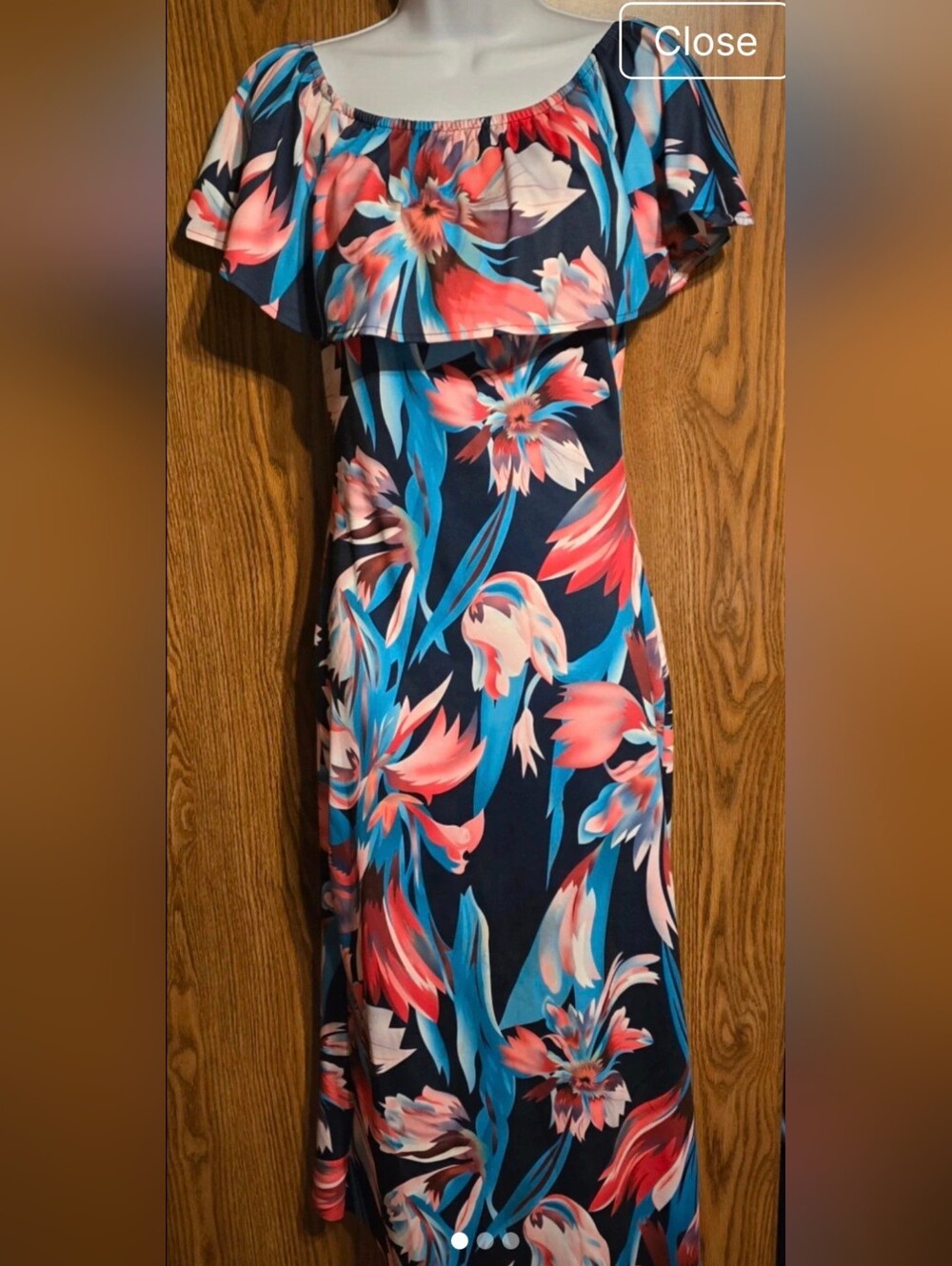Source Unknown Navy Strapless Maxi Dress with Coral and Teal Floral